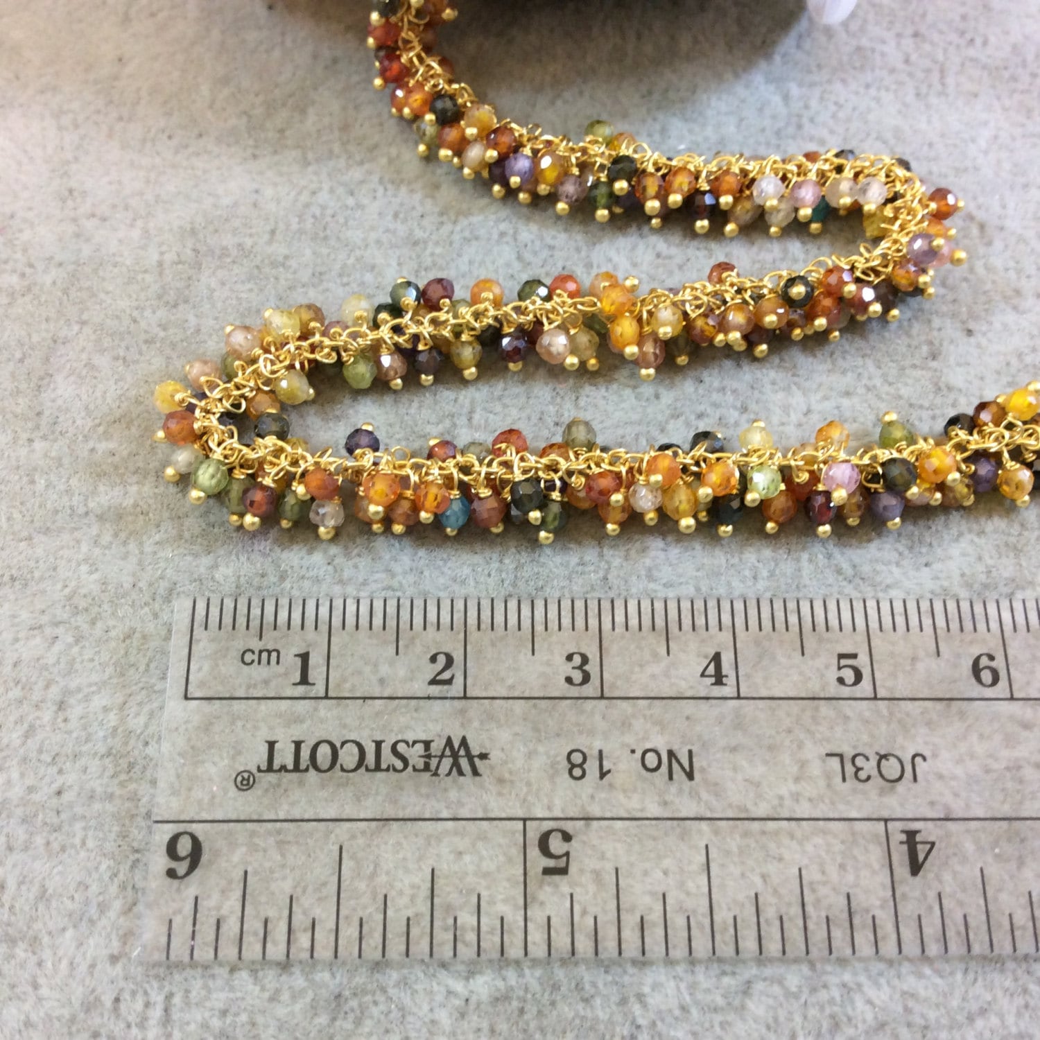 Gold Plated Copper Rosary Chain with 3mm Faceted Round Double Dangle Warm CZ Beads - 1 (One) Foot Sections - Natural Semi-Precious Chain