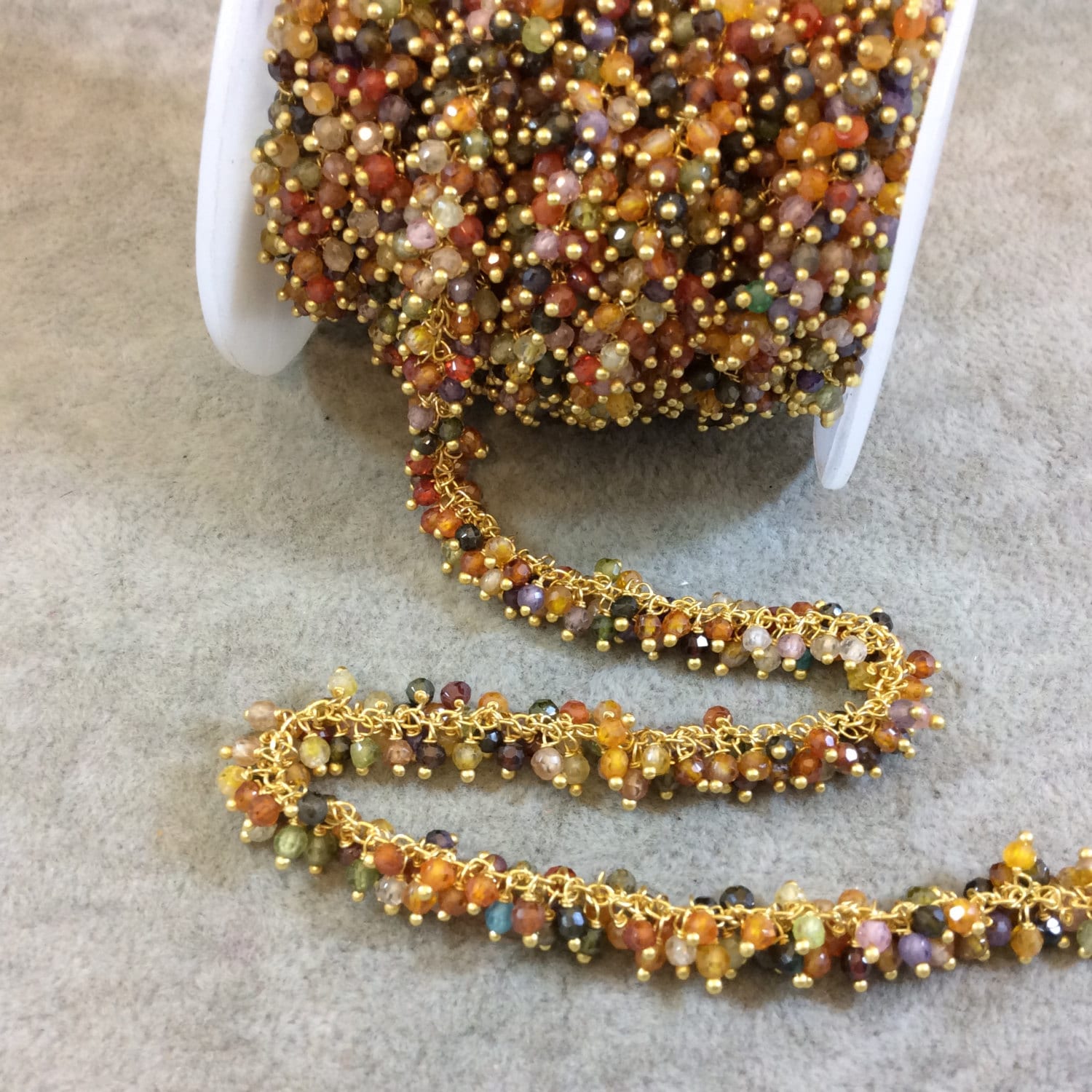 Gold Plated Copper Rosary Chain with 3mm Faceted Round Double Dangle Warm CZ Beads - 1 (One) Foot Sections - Natural Semi-Precious Chain