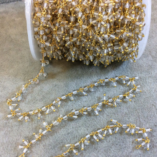 Gold Plated Copper Rosary Chain with 3mm Round Crystal Dangle Beads - Sold by the 1' or 3' Lengths - Natural Semi-Precious Beaded Chain