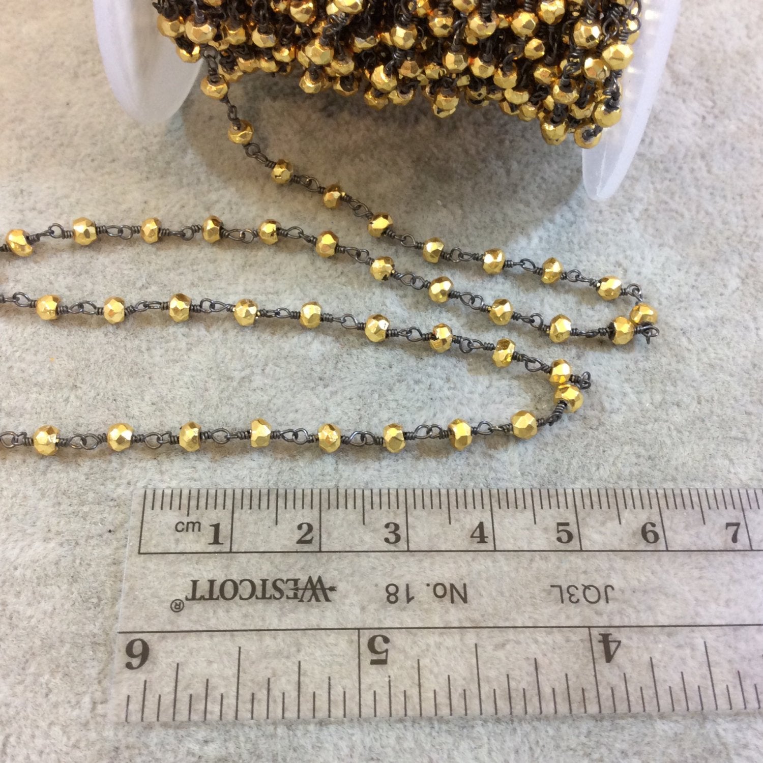 Gunmetal Plated Copper Rosary Chain with 3mm Round Faceted Pyrite Beads - Sold by the Foot, or in Bulk! - Natural Semi-Precious Beaded Chain