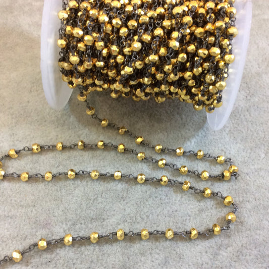 Gunmetal Plated Copper Rosary Chain with 3mm Round Faceted Pyrite Beads - Sold by the Foot, or in Bulk! - Natural Semi-Precious Beaded Chain