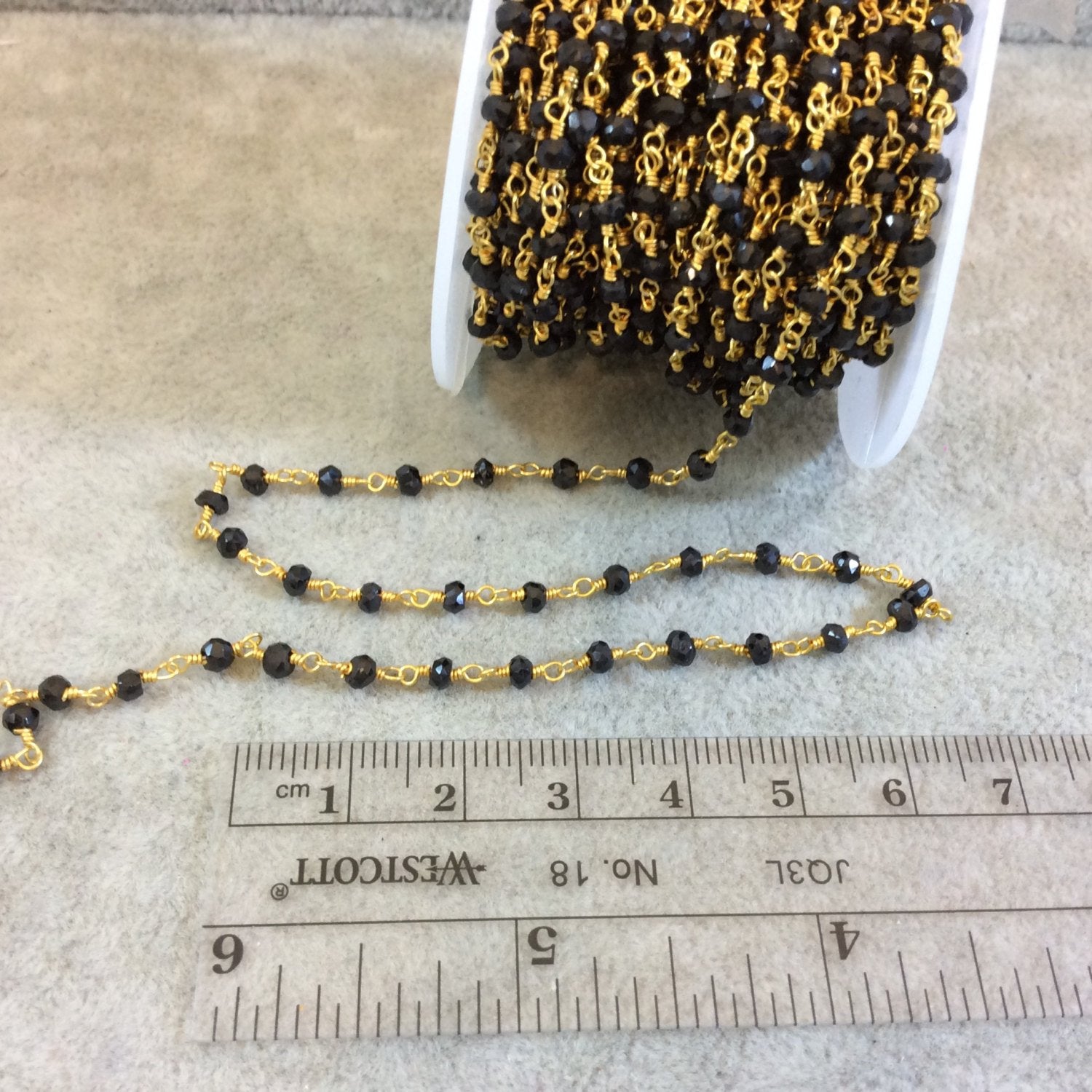 Gold Plated Copper Rosary Chain with 3mm Faceted Rondelle Black Spinel Beads - Sold by the Foot, or in Bulk! - Natural Semi-Precious Chain