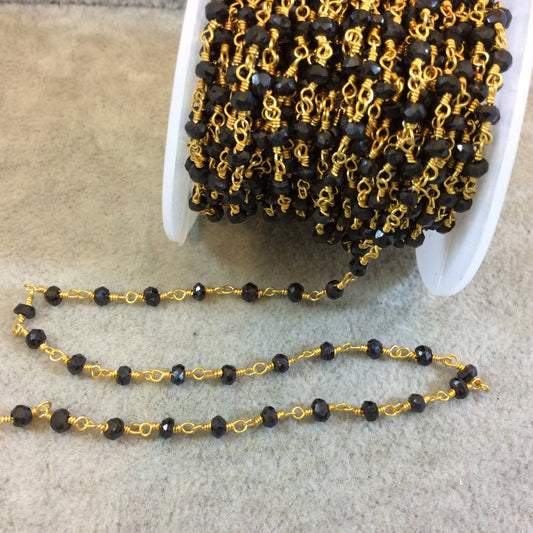 Gold Plated Copper Rosary Chain with 3mm Faceted Rondelle Black Spinel Beads - Sold by the Foot, or in Bulk! - Natural Semi-Precious Chain