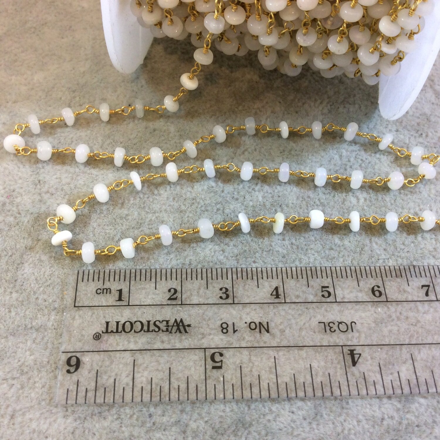 Gold Plated Copper Rosary Chain with 4mm Opal Rondelle Beads - Sold by the Foot, or in Bulk! - Natural Semi-Precious Beaded Chain