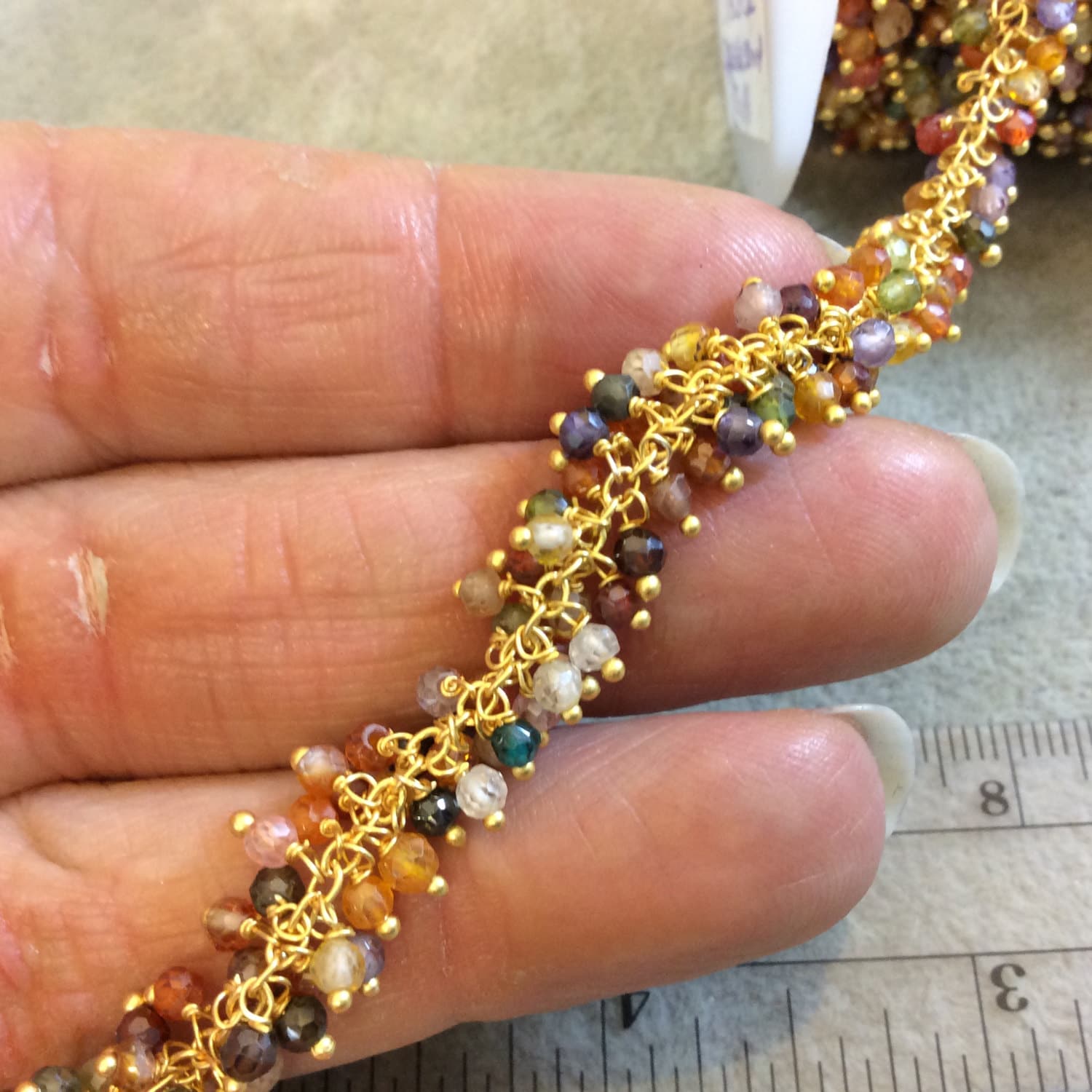 Gold Plated Copper Rosary Chain with 3mm Faceted Round Double Dangle Warm CZ Beads - 1 (One) Foot Sections - Natural Semi-Precious Chain