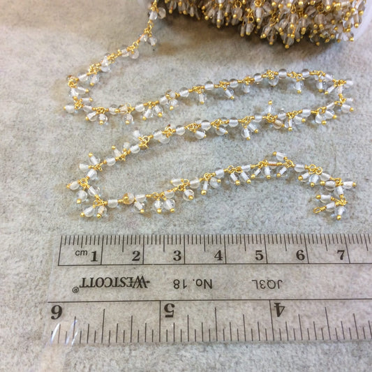Gold Plated Copper Rosary Chain with 3mm Round Crystal Dangle Beads - Sold by the 1' or 3' Lengths - Natural Semi-Precious Beaded Chain