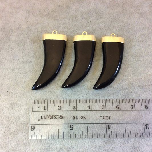 Flat Opaque Black Glass Tusk/Claw Shaped Pendant with Gold Finish Cap - Measuring 18mm x 42mm, Approx. - More Colors Available, See Links!