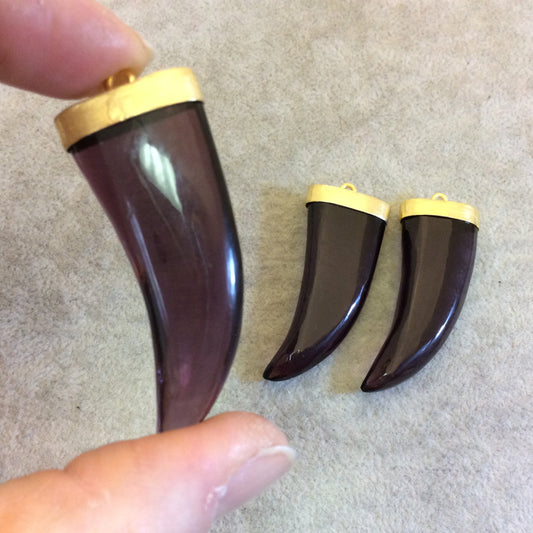 Flat Trans. Purple Glass Tusk/Claw Shaped Pendant with Gold Finish Cap - Measuring 21mm x 49mm, Approx. - More Colors Available, See Links!