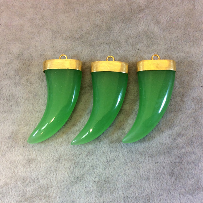 Flat Jade Green Glass Tusk/Claw Shaped Pendant with Gold Finish Cap - Measuring 21mm x 49mm, Approx. - More Colors Available, See Links!
