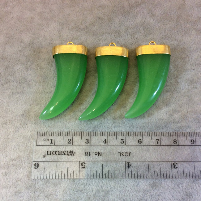 Flat Jade Green Glass Tusk/Claw Shaped Pendant with Gold Finish Cap - Measuring 21mm x 49mm, Approx. - More Colors Available, See Links!
