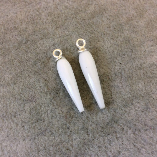 One Pair of Sterling Silver Finish Faceted Spike White Quartz Bezel Components - Measuring 5mm x 22-25mm - Natural Semi-precious Gemstone