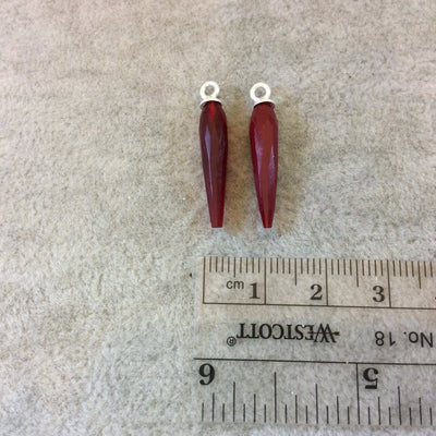 One Pair of Sterling Silver Finish Faceted Spike Red Quartz Bezel Components - Measuring 5mm x 22-25mm - Natural Semi-precious Gemstone
