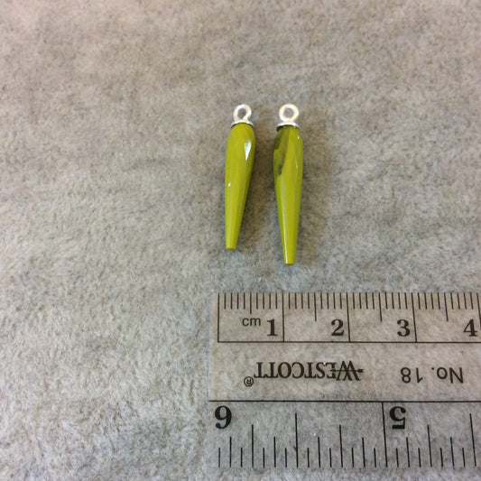 One Pair of Sterling Silver Finish Faceted Spike Chartreuse Quartz Bezel Components - Measuring 5 x 22-25mm - Natural Semi-precious Gemstone