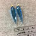 One Pair of Large Vermeil Gold Finish Faceted Spike Trans. Sky Blue Quartz Bezel Components - Measuring 10mm x 35-40mm - Natural Gemstone