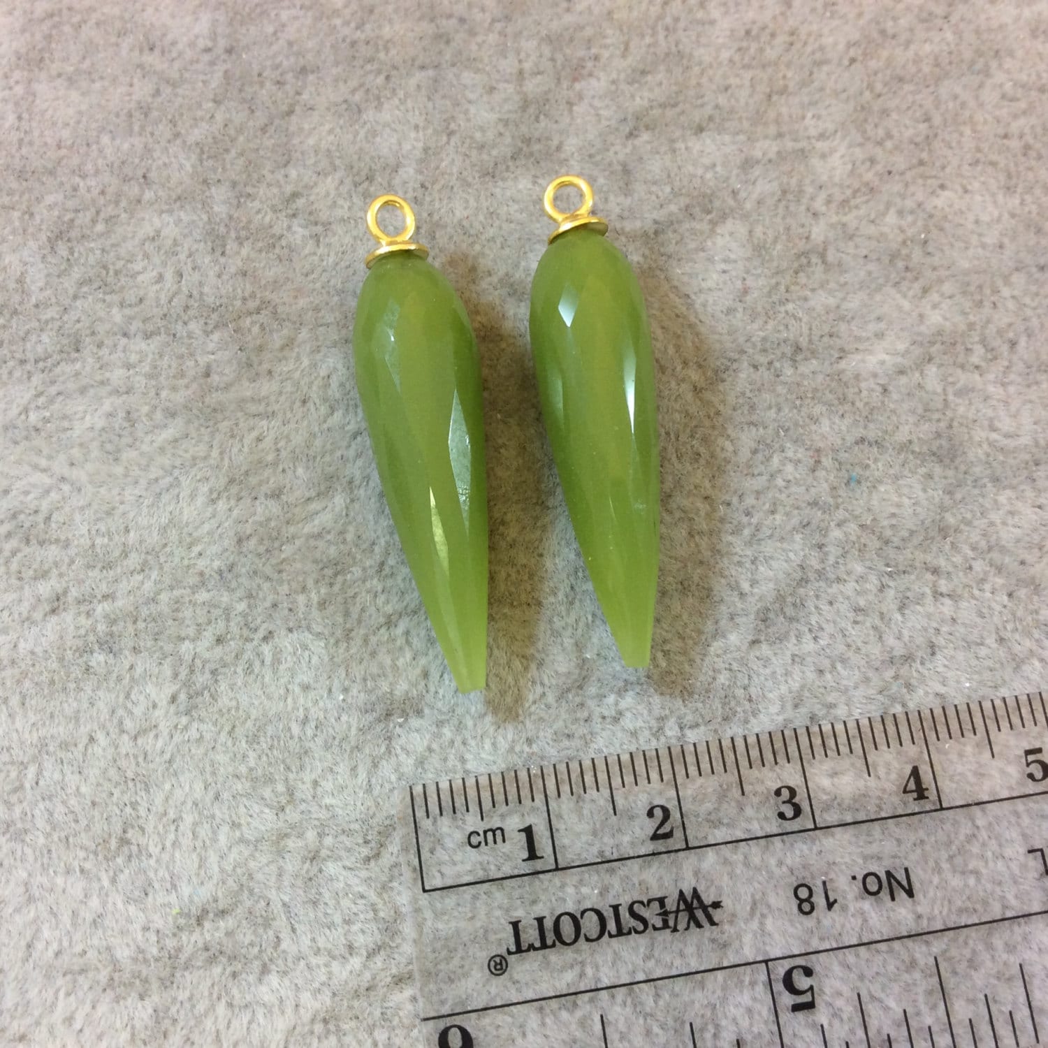 One Pair of Large Vermeil Gold Finish Faceted Spike Opaque Light Green Quartz Bezel Components - Measuring 10mm x 35-40mm - Natural Gemstone