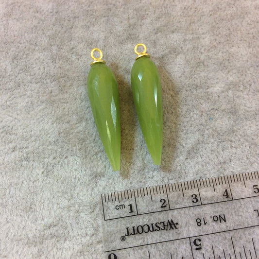 One Pair of Large Vermeil Gold Finish Faceted Spike Opaque Light Green Quartz Bezel Components - Measuring 10mm x 35-40mm - Natural Gemstone