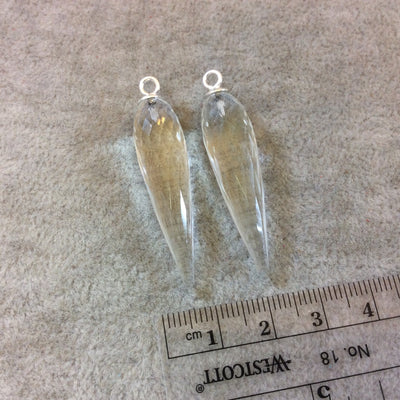 One Pair of Large Sterling Silver Finish Faceted Spike Shaped Clear Quartz Bezel Components - Measuring 10mm x 35-40mm - Natural Gemstone