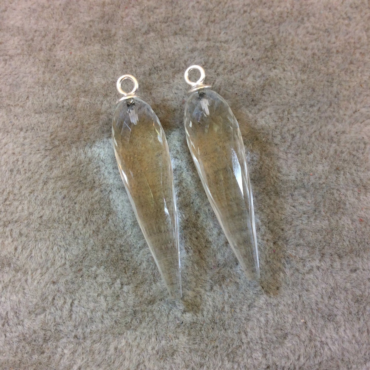 One Pair of Large Sterling Silver Finish Faceted Spike Shaped Clear Quartz Bezel Components - Measuring 10mm x 35-40mm - Natural Gemstone