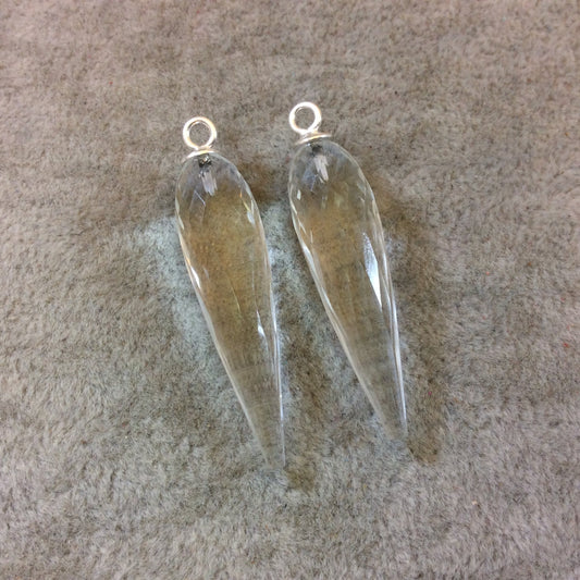 One Pair of Large Sterling Silver Finish Faceted Spike Shaped Clear Quartz Bezel Components - Measuring 10mm x 35-40mm - Natural Gemstone