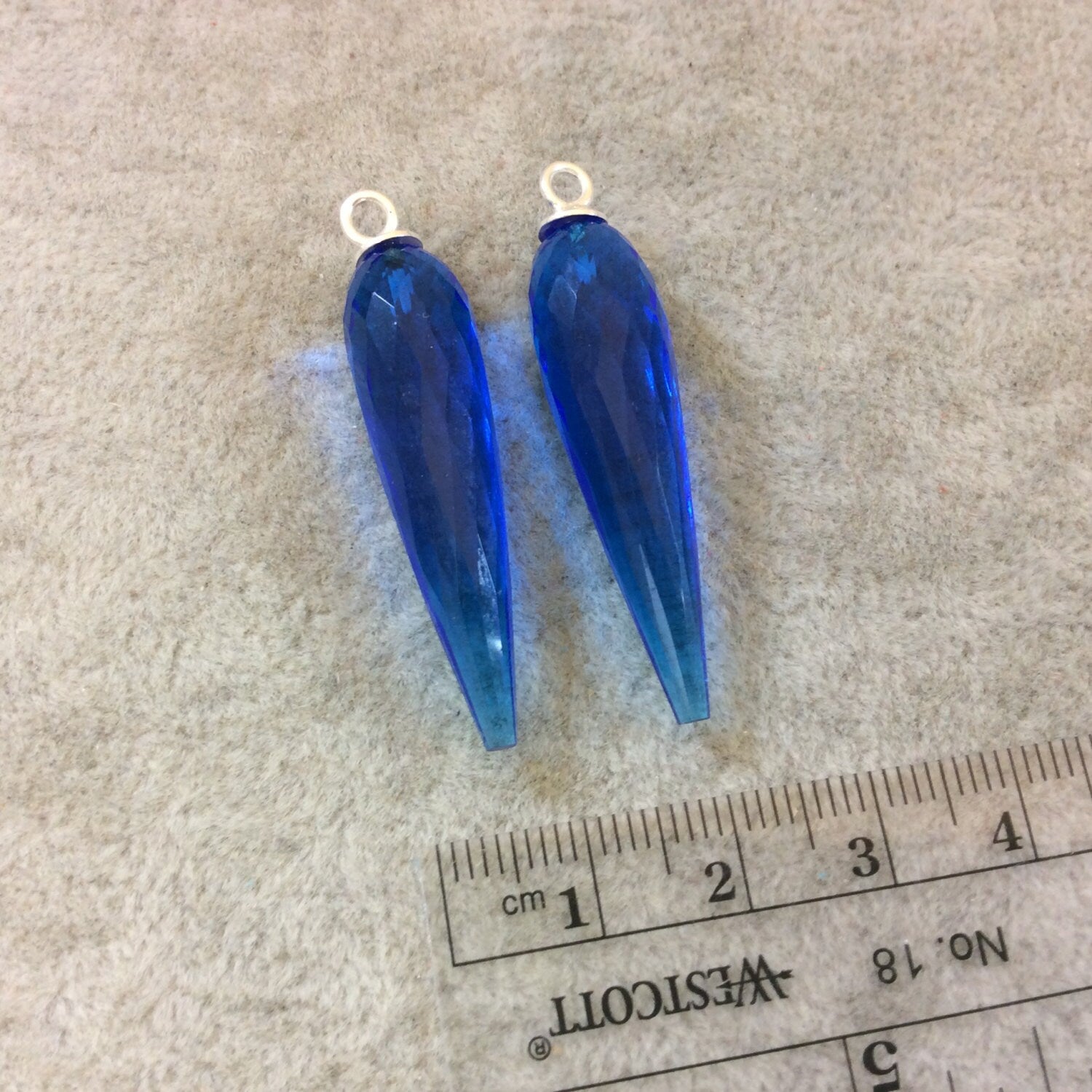 One Pair of Large Sterling Silver Finish Faceted Spike Trans. Cobalt Blue Quartz Bezel Component - Measuring 10 x 35-40mm - Natural Gemstone