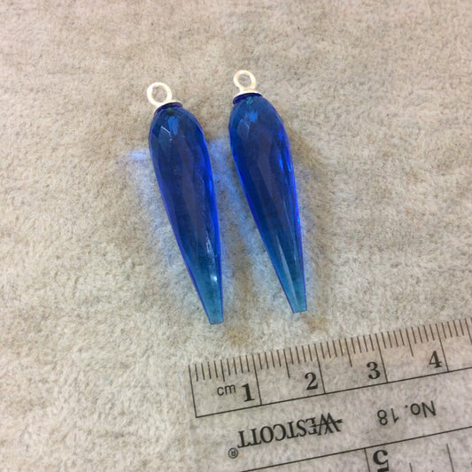 One Pair of Large Sterling Silver Finish Faceted Spike Trans. Cobalt Blue Quartz Bezel Component - Measuring 10 x 35-40mm - Natural Gemstone
