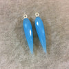 One Pair of Large Sterling Silver Finish Faceted Spike Opaque Sky Blue Quartz Bezel Components - Measuring 10mm x 35-40mm - Natural Gemstone