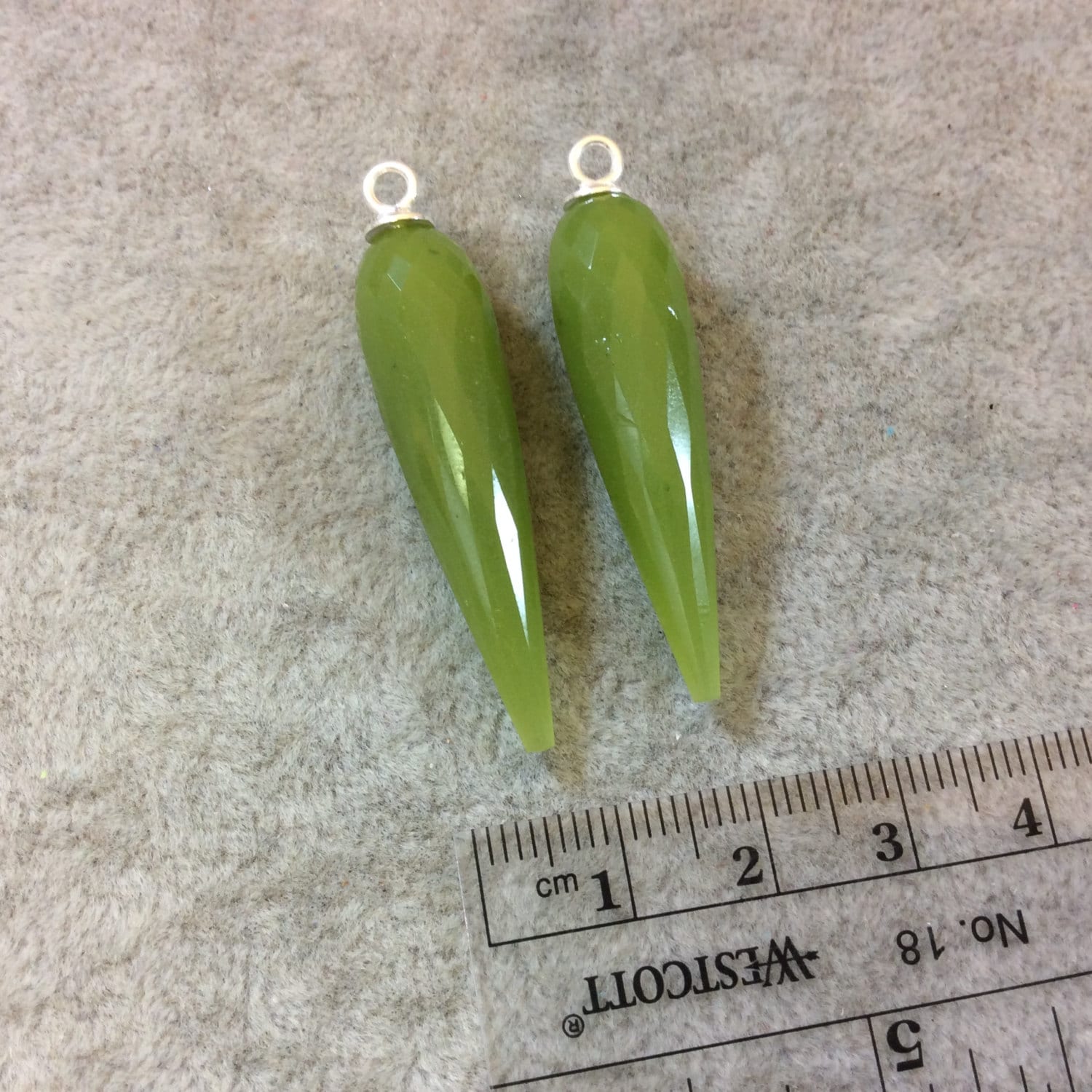 One Pair of Large Sterling Silver Finish Faceted Spike Opaque Light Green Quartz Bezel Component - Measuring 10 x 35-40mm - Natural Gemstone