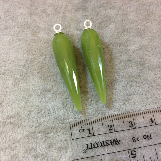 One Pair of Large Sterling Silver Finish Faceted Spike Opaque Light Green Quartz Bezel Component - Measuring 10 x 35-40mm - Natural Gemstone
