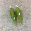 One Pair of Large Sterling Silver Finish Faceted Spike Opaque Light Green Quartz Bezel Component - Measuring 10 x 35-40mm - Natural Gemstone