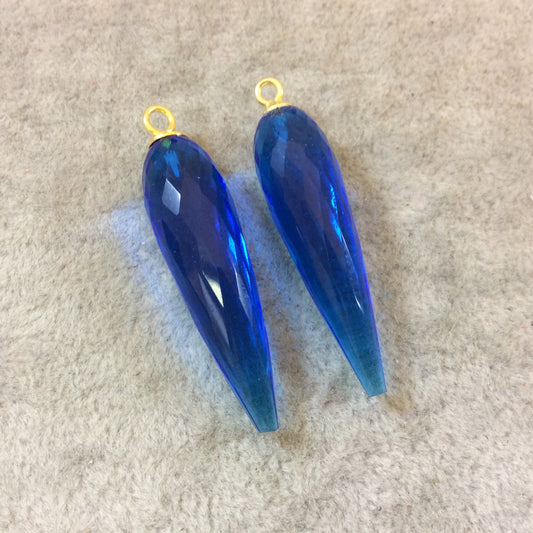 One Pair of Large Vermeil Gold Finish Faceted Spike Trans. Cobalt Blue Quartz Bezel Components - Measuring 10mm x 35-40mm - Natural Gemstone