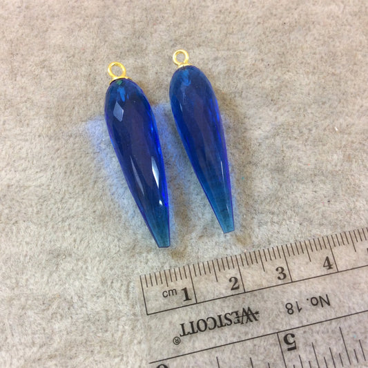 One Pair of Large Vermeil Gold Finish Faceted Spike Trans. Cobalt Blue Quartz Bezel Components - Measuring 10mm x 35-40mm - Natural Gemstone