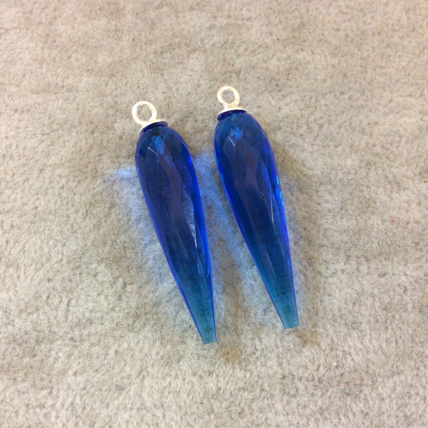 One Pair of Large Sterling Silver Finish Faceted Spike Trans. Cobalt Blue Quartz Bezel Component - Measuring 10 x 35-40mm - Natural Gemstone