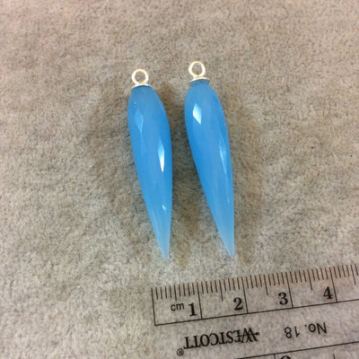 One Pair of Large Sterling Silver Finish Faceted Spike Opaque Sky Blue Quartz Bezel Components - Measuring 10mm x 35-40mm - Natural Gemstone