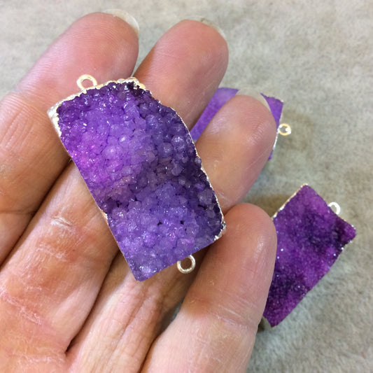 Silver Plated Pink/Purple Druzy Stone Bar/Rectangle Shaped Connector Component - Measuring 20mm x 35mm, Approximately - Sold Individually