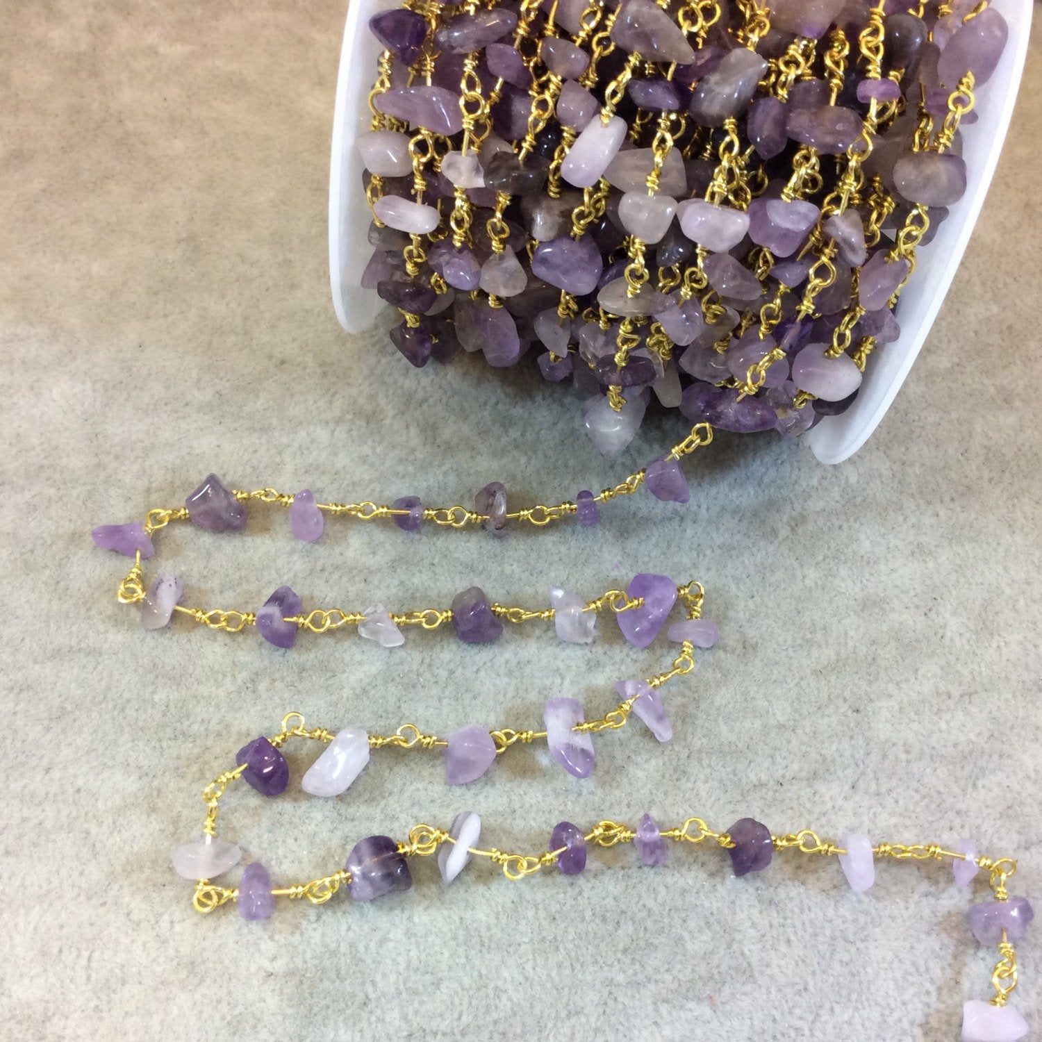 Gold Plated Copper Rosary Chain with 4-8mm Amethyst Chip Beads - Sold by the Foot, or in Bulk! - Natural Semi-Precious Beaded Chain