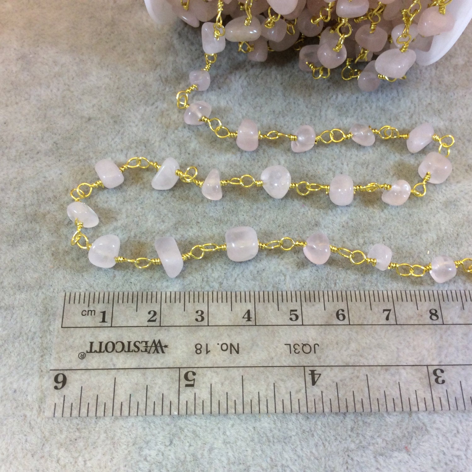 Gold Plated Copper Rosary Chain with 4-8mm Rose Quartz Chip Beads - Sold by the Foot, or in Bulk! - Natural Semi-Precious Beaded Chain
