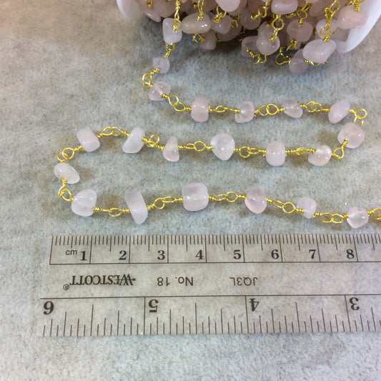 Gold Plated Copper Rosary Chain with 4-8mm Rose Quartz Chip Beads - Sold by the Foot, or in Bulk! - Natural Semi-Precious Beaded Chain