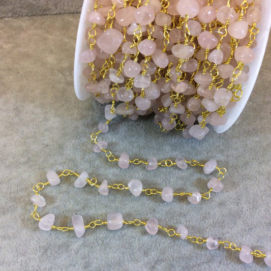 Gold Plated Copper Rosary Chain with 4-8mm Rose Quartz Chip Beads - Sold by the Foot, or in Bulk! - Natural Semi-Precious Beaded Chain