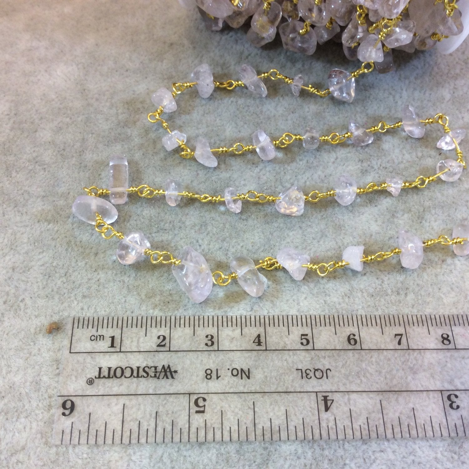 Gold Plated Copper Rosary Chain with 4-8mm Clear Quartz Chip Beads - Sold by the Foot, or in Bulk! - Natural Semi-Precious Beaded Chain