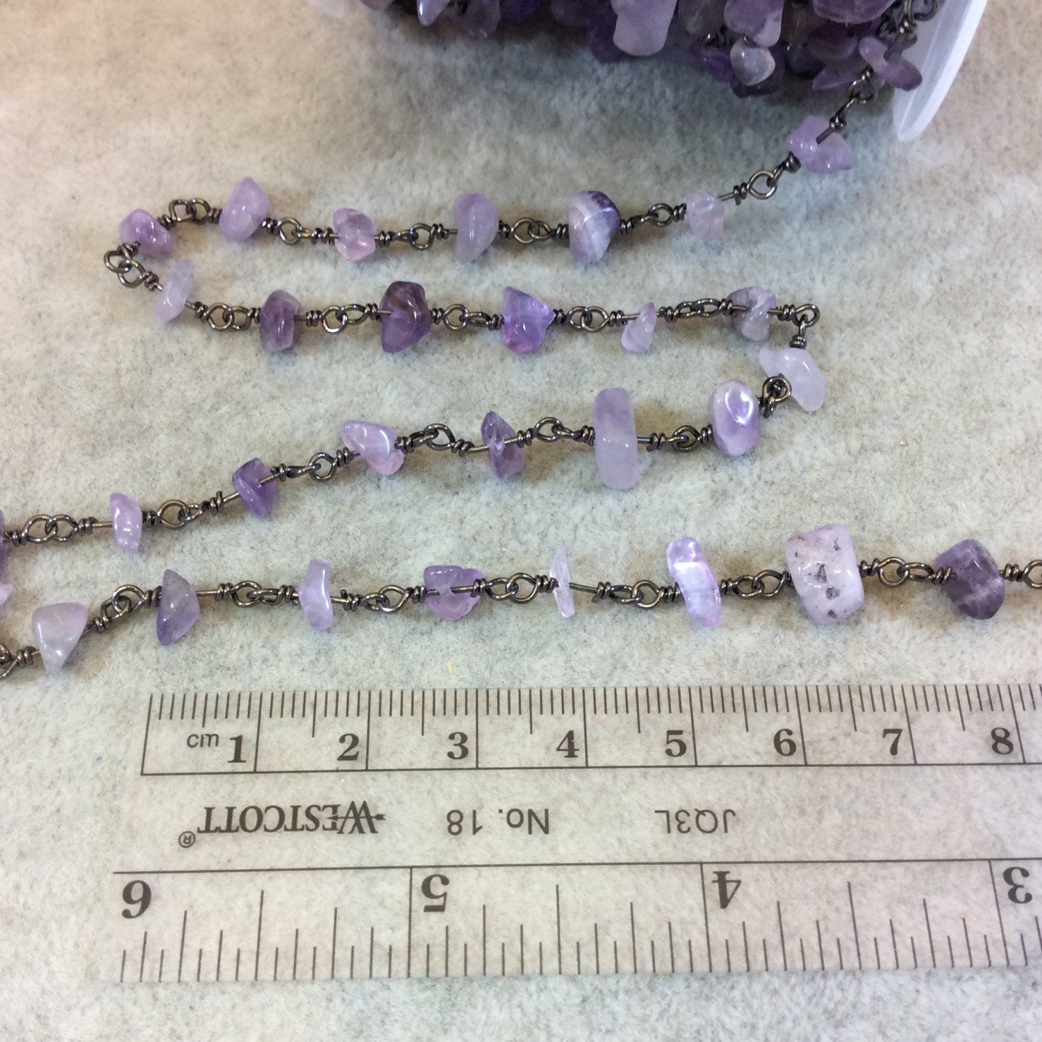 Gunmetal Plated Copper Rosary Chain with 4-8mm Amethyst Chip Beads - Sold by the Foot, or in Bulk! - Semi-Precious Beaded Chain