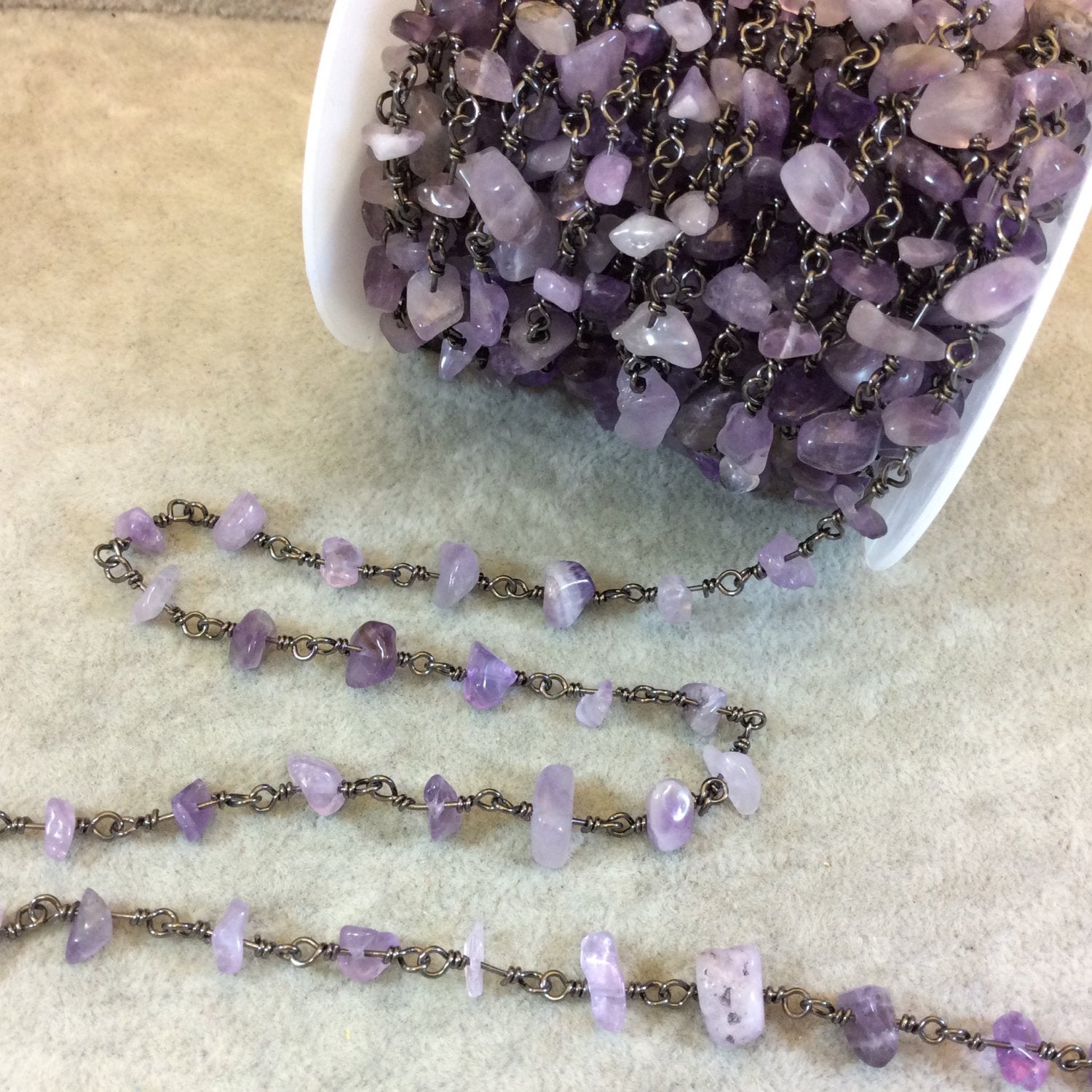 Gunmetal Plated Copper Rosary Chain with 4-8mm Amethyst Chip Beads - Sold by the Foot, or in Bulk! - Semi-Precious Beaded Chain
