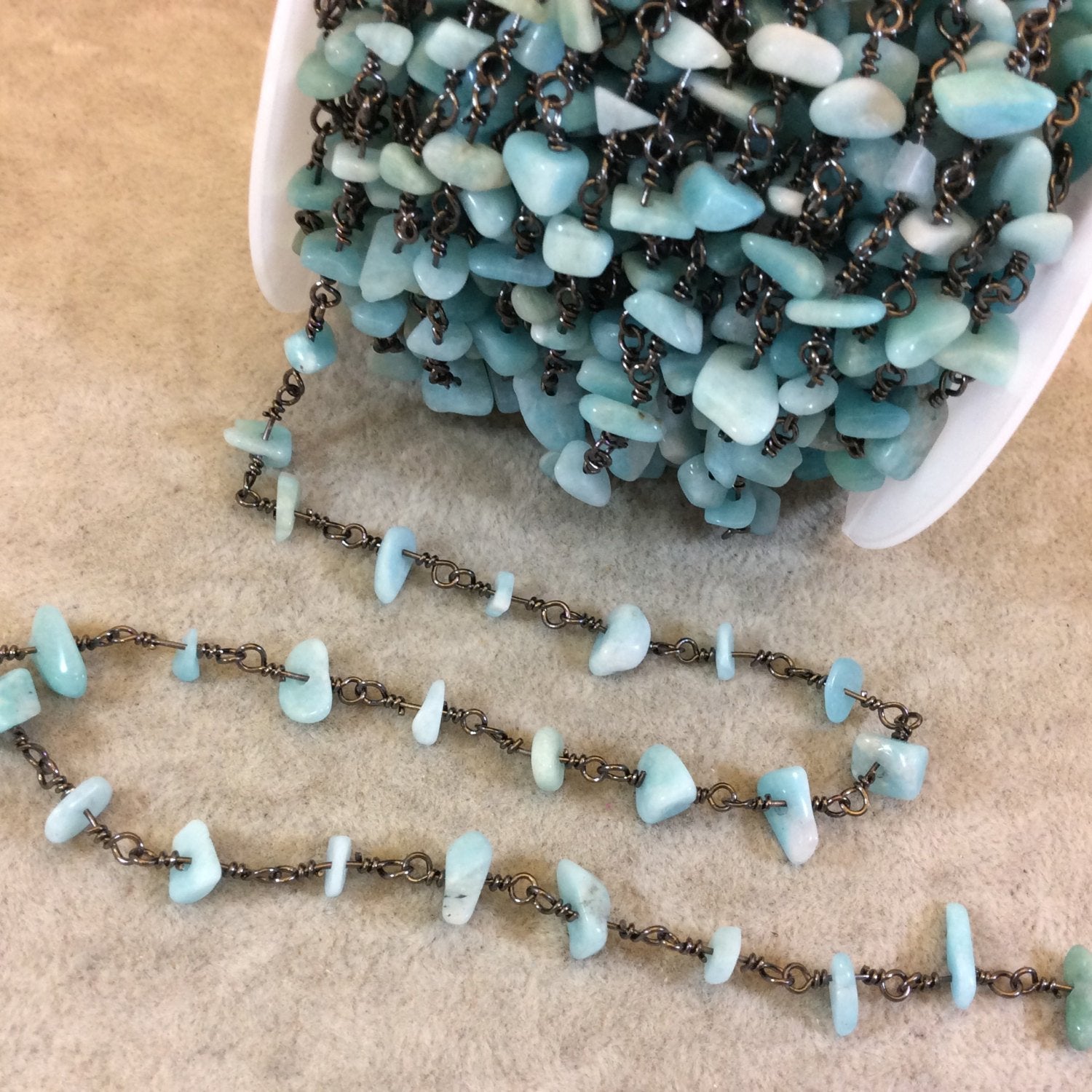 Gunmetal Plated Copper Rosary Chain with 4-8mm Blue Amazonite Chip Beads - Sold by the Foot, or in Bulk! - Semi-Precious Beaded Chain