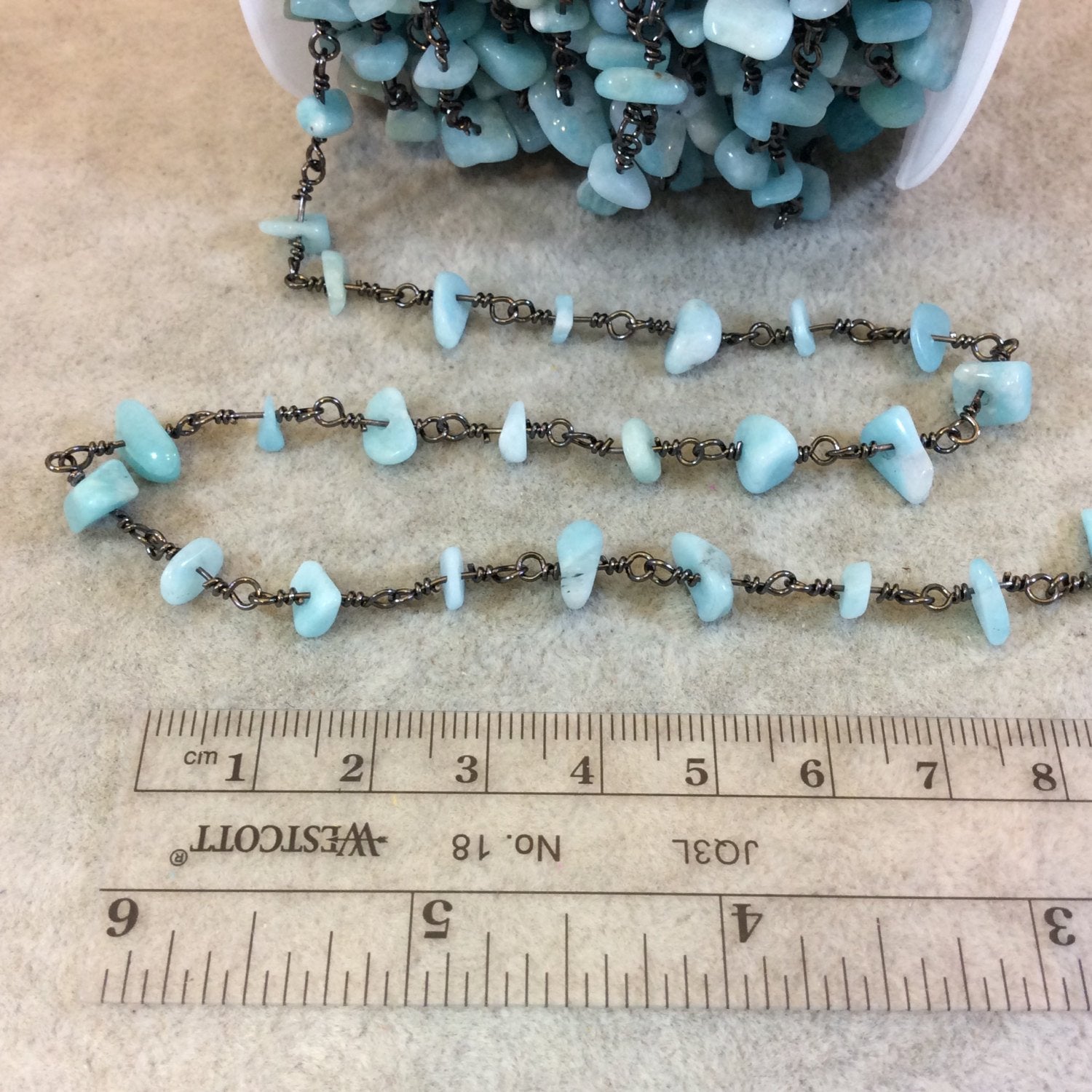 Gunmetal Plated Copper Rosary Chain with 4-8mm Blue Amazonite Chip Beads - Sold by the Foot, or in Bulk! - Semi-Precious Beaded Chain