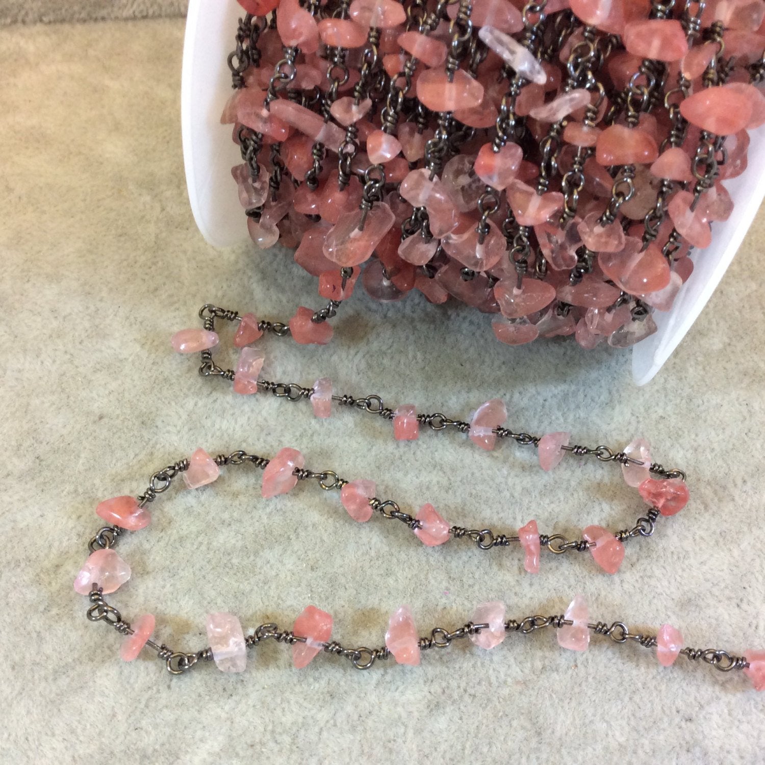 Gunmetal Plated Copper Rosary Chain with 4-8mm Cherry Quartz Chip Beads - Sold by the Foot, or in Bulk! - Natural Semi-Precious Beaded Chain