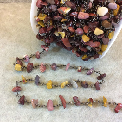 Gunmetal Plated Copper Rosary Chain with 4-8mm Mookaite Chip Beads - Sold by the Foot, or in Bulk! - Natural Semi-Precious Beaded Chain