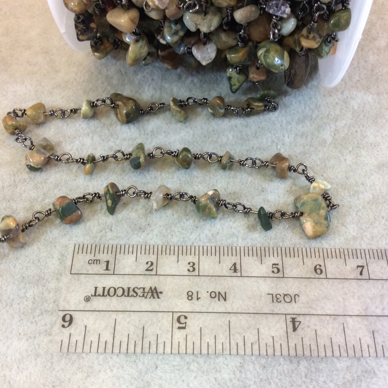 Gunmetal Plated Copper Rosary Chain with 4-8mm Rhyolite Chip Beads - Sold by the Foot, or in Bulk! - Natural Semi-Precious Beaded Chain