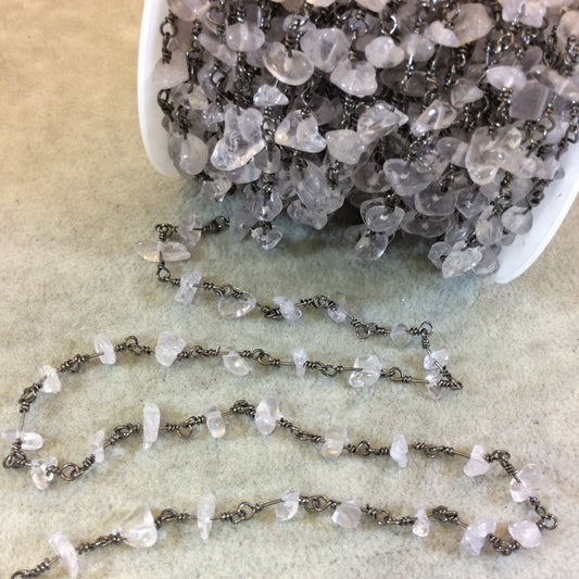 Gunmetal Plated Copper Rosary Chain with 4-8mm Clear Quartz Chip Beads- Sold by the Foot, or in Bulk! - Natural Semi-Precious Beaded Chain