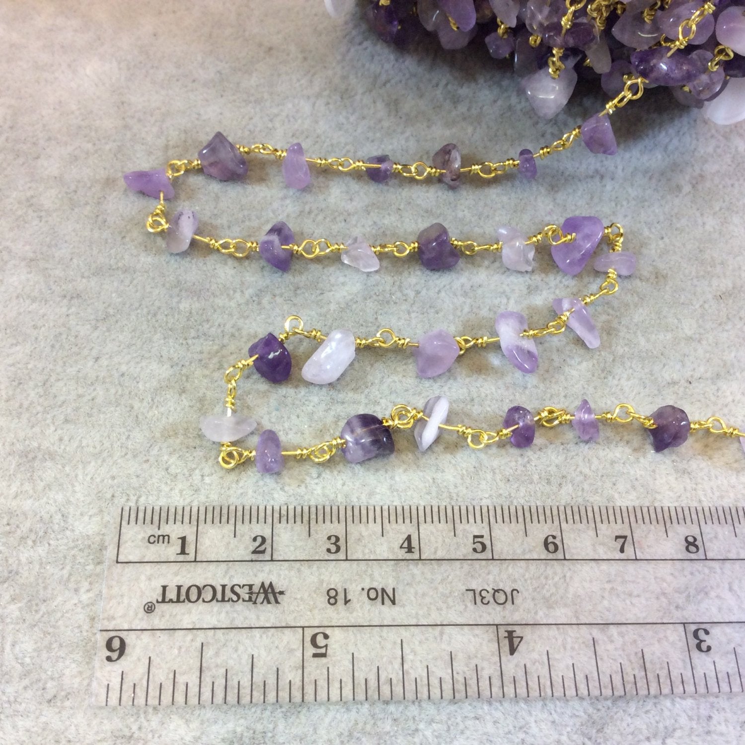 Gold Plated Copper Rosary Chain with 4-8mm Amethyst Chip Beads - Sold by the Foot, or in Bulk! - Natural Semi-Precious Beaded Chain