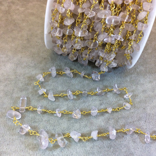 Gold Plated Copper Rosary Chain with 4-8mm Clear Quartz Chip Beads - Sold by the Foot, or in Bulk! - Natural Semi-Precious Beaded Chain