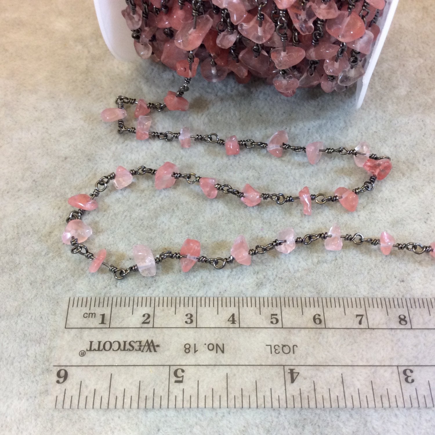 Gunmetal Plated Copper Rosary Chain with 4-8mm Cherry Quartz Chip Beads - Sold by the Foot, or in Bulk! - Natural Semi-Precious Beaded Chain